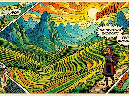 Pop-Art-Comicillustration des Wahrzeichens Longji-Reisterrassen in Guilin China, kraeftige Konturen Rasterpunkte und satte Farben - Foto: THN