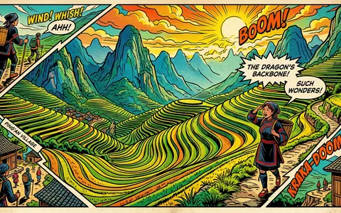 Pop-Art-Comicillustration des Wahrzeichens Longji-Reisterrassen in Guilin China, kraeftige Konturen Rasterpunkte und satte Farben - Foto: THN