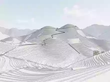 Moderner Architektur-Render zeigt Silhouette von Longji-Reisterrassen in Guilin China, klare Linien und neutrales Tageslicht - Foto: THN