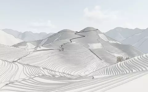 Moderner Architektur-Render zeigt Silhouette von Longji-Reisterrassen in Guilin China, klare Linien und neutrales Tageslicht - Foto: THN