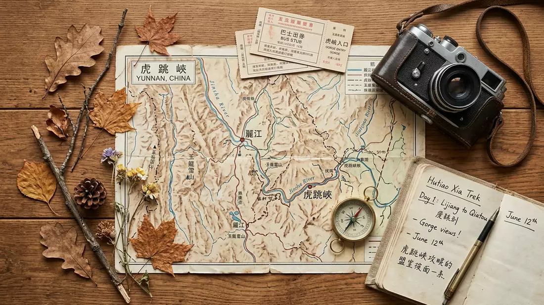 Flatlay-Reise-Arrangement rund um Tiger-Leaping-Gorge in Lijiang, China
