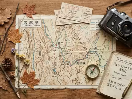 Flatlay-Reise-Arrangement rund um Tiger-Leaping-Gorge in Lijiang China, Karte Kompass Kamera und generische Reiserequisiten - Foto: THN