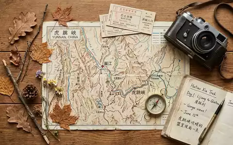 Flatlay-Reise-Arrangement rund um Tiger-Leaping-Gorge in Lijiang China, Karte Kompass Kamera und generische Reiserequisiten - Foto: THN