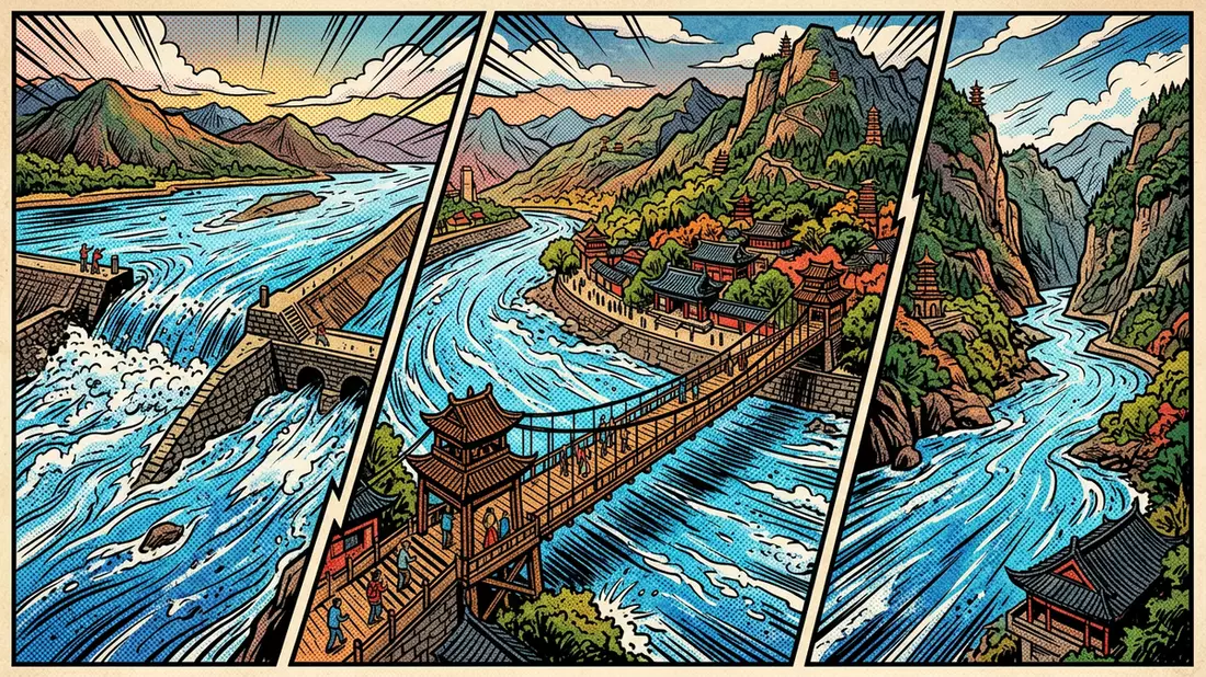 Pop-Art-Comic von Dujiangyan in Chengdu, China mit Rasterpunkten