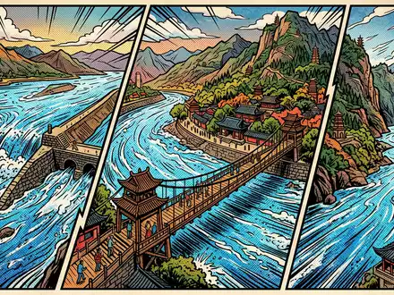 Pop-Art-Comicillustration des Wahrzeichens Dujiangyan in Chengdu China, kraeftige Konturen Rasterpunkte und satte Farben - Foto: THN
