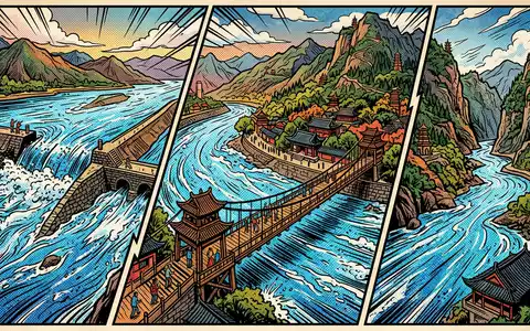 Pop-Art-Comicillustration des Wahrzeichens Dujiangyan in Chengdu China, kraeftige Konturen Rasterpunkte und satte Farben - Foto: THN