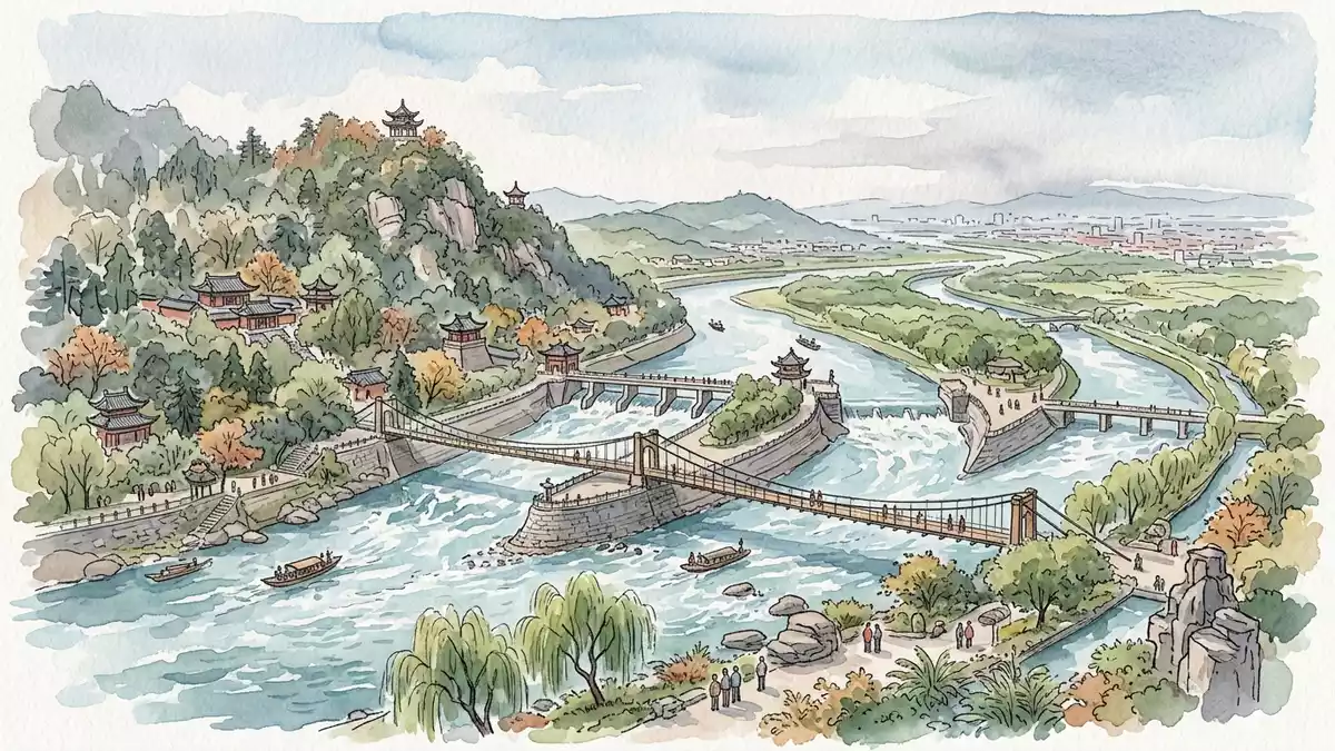 Aquarell-Illustration von Dujiangyan in Chengdu, China als Reiseposter