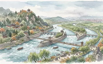 Aquarellillustration des Wahrzeichens Dujiangyan in Chengdu China, weiche Farbverläufe und pastelliges Reiseposter-Feeling - Foto: THN