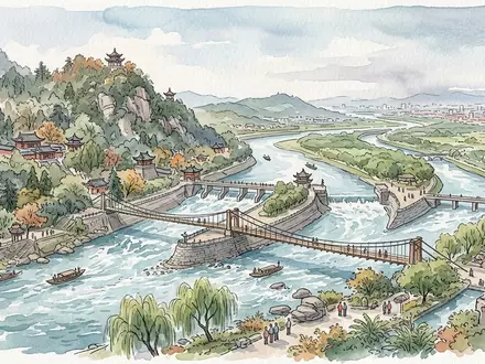 Aquarellillustration des Wahrzeichens Dujiangyan in Chengdu China, weiche Farbverläufe und pastelliges Reiseposter-Feeling - Foto: THN