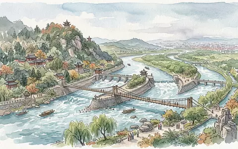 Aquarellillustration des Wahrzeichens Dujiangyan in Chengdu China, weiche Farbverläufe und pastelliges Reiseposter-Feeling - Foto: THN
