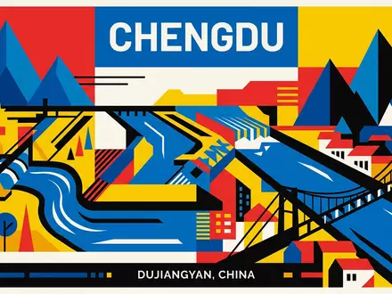 Bauhaus-Poster als geometrische Abstraktion von Dujiangyan in Chengdu China, kraeftige Grundfarben und harte Formkanten - Foto: THN
