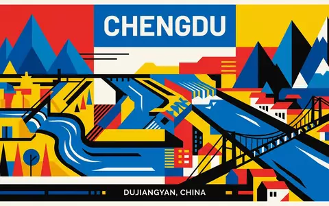 Bauhaus-Poster als geometrische Abstraktion von Dujiangyan in Chengdu China, kraeftige Grundfarben und harte Formkanten - Foto: THN