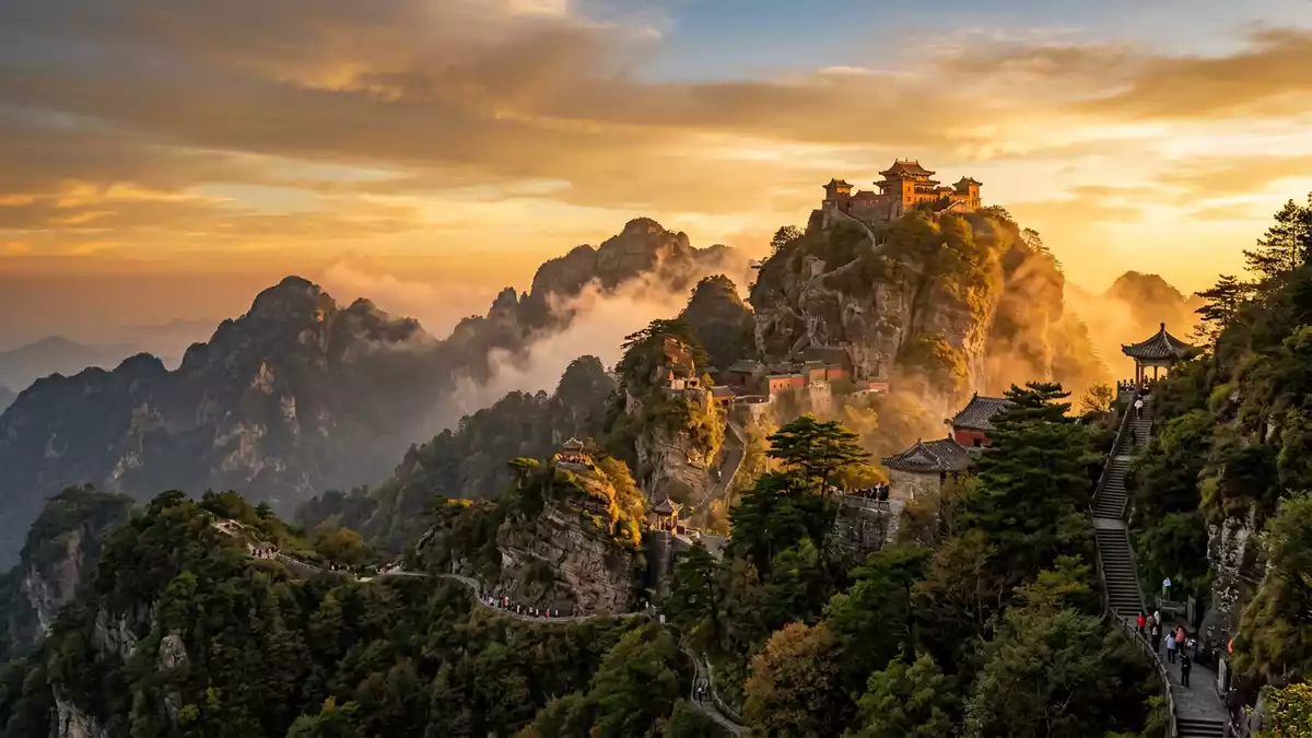 Fotorealistische Ansicht von Wudang-Gebirge in Shiyan, China im Abendlicht