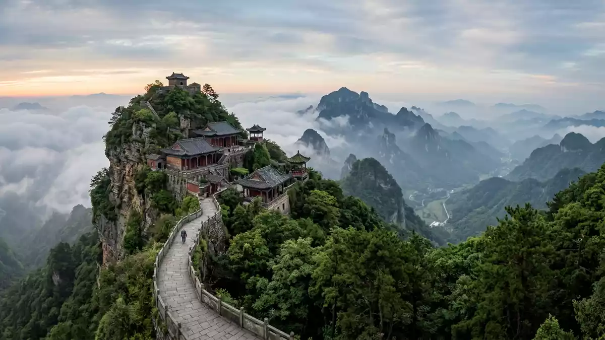 Editorial-Reisemagazinbild vom Wahrzeichen Wudang-Gebirge in Shiyan, China