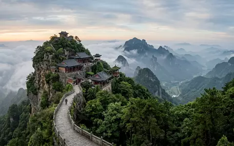 Editorialbild im Reisemagazin-Stil vom Wahrzeichen Wudang-Gebirge in Shiyan China, ausgewogene Bildgestaltung und natuerliches Umgebungslicht - Foto: THN