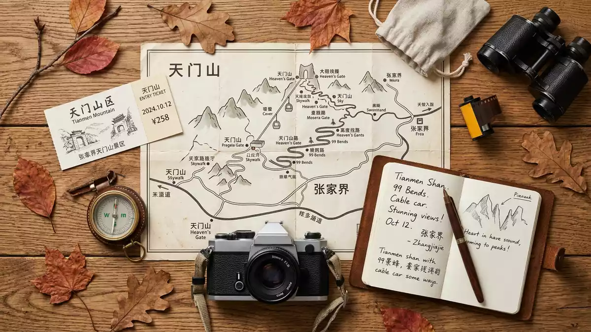 Flatlay-Reise-Arrangement rund um Tianmen-Berg in Zhangjiajie, China