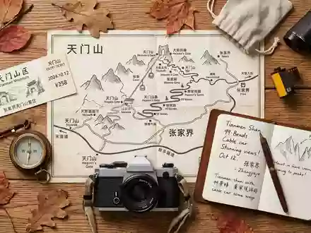 Flatlay-Reise-Arrangement rund um Tianmen-Berg in Zhangjiajie China, Karte Kompass Kamera und generische Reiserequisiten - Foto: THN