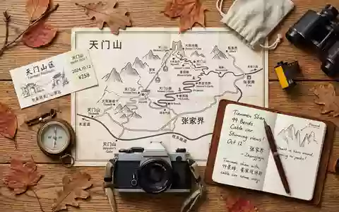 Flatlay-Reise-Arrangement rund um Tianmen-Berg in Zhangjiajie China, Karte Kompass Kamera und generische Reiserequisiten - Foto: THN