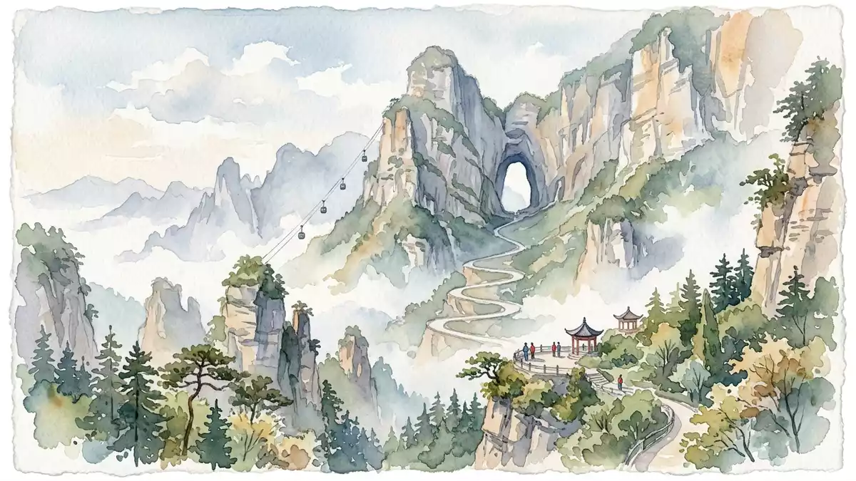 Aquarell-Illustration von Tianmen-Berg in Zhangjiajie, China als Reiseposter