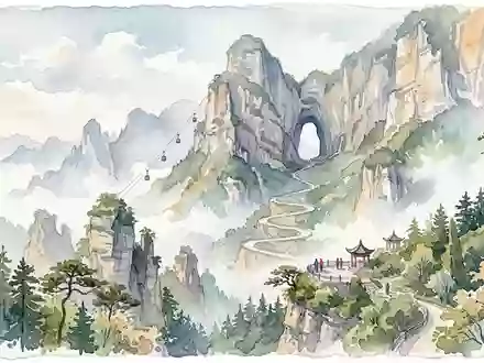 Aquarellillustration des Wahrzeichens Tianmen-Berg in Zhangjiajie China, weiche Farbverläufe und pastelliges Reiseposter-Feeling - Foto: THN