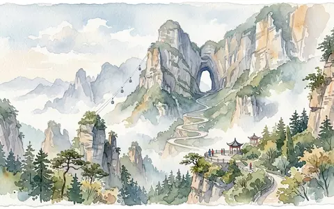Aquarellillustration des Wahrzeichens Tianmen-Berg in Zhangjiajie China, weiche Farbverläufe und pastelliges Reiseposter-Feeling - Foto: THN