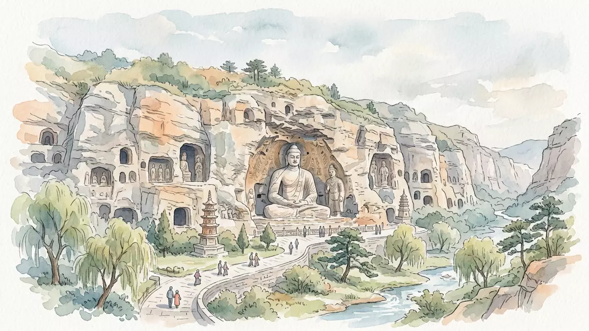 Aquarell-Illustration von Yungang-Grotten in Datong, China als Reiseposter