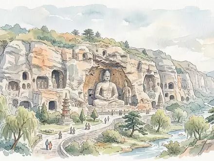 Aquarellillustration des Wahrzeichens Yungang-Grotten in Datong China, weiche Farbverläufe und pastelliges Reiseposter-Feeling - Foto: THN