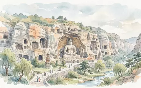 Aquarellillustration des Wahrzeichens Yungang-Grotten in Datong China, weiche Farbverläufe und pastelliges Reiseposter-Feeling - Foto: THN