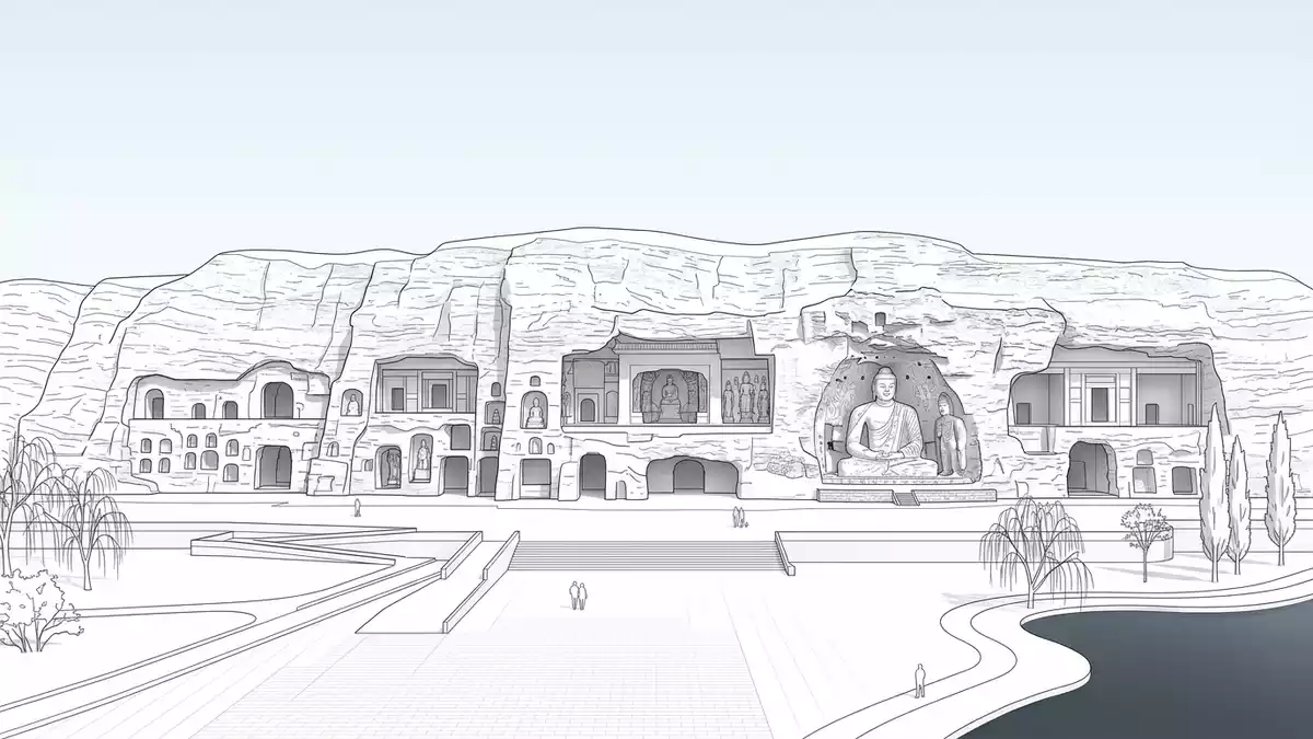Architektur-Render von Yungang-Grotten in Datong, China bei Tageslicht