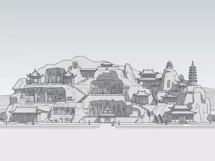 Moderner Architektur-Render zeigt Silhouette von Dazu-Felszeichnungen in Chongqing China, klare Linien und neutrales Tageslicht - Foto: THN