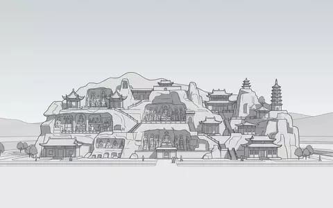 Moderner Architektur-Render zeigt Silhouette von Dazu-Felszeichnungen in Chongqing China, klare Linien und neutrales Tageslicht - Foto: THN