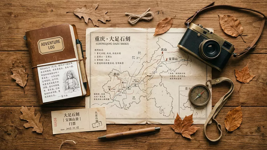Flatlay-Reise-Arrangement rund um Dazu-Felszeichnungen in Chongqing, China