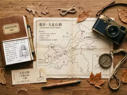 Flatlay-Reise-Arrangement rund um Dazu-Felszeichnungen in Chongqing China, Karte Kompass Kamera und generische Reiserequisiten - Foto: THN