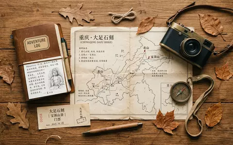 Flatlay-Reise-Arrangement rund um Dazu-Felszeichnungen in Chongqing China, Karte Kompass Kamera und generische Reiserequisiten - Foto: THN