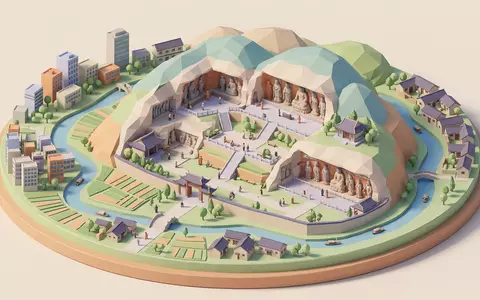 Isometrisches Diorama von Dazu-Felszeichnungen und Umgebung in Chongqing China, verspielte Low-Poly-Kulisse in Pastellfarben - Foto: THN