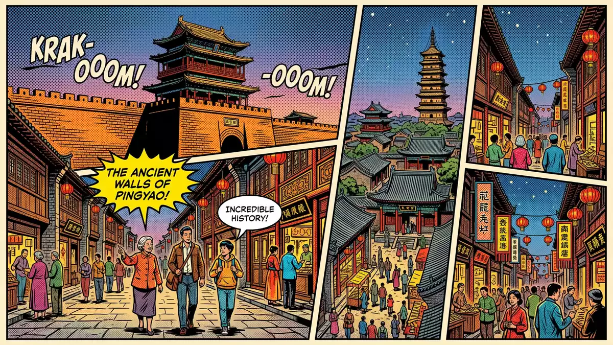 Pop-Art-Comic von Altstadt Pingyao in Pingyao, China mit Rasterpunkten