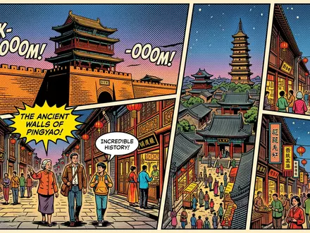 Pop-Art-Comicillustration des Wahrzeichens Altstadt Pingyao in Pingyao China, kraeftige Konturen Rasterpunkte und satte Farben - Foto: THN