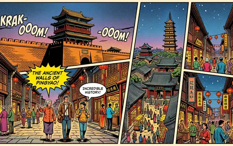 Pop-Art-Comicillustration des Wahrzeichens Altstadt Pingyao in Pingyao China, kraeftige Konturen Rasterpunkte und satte Farben - Foto: THN