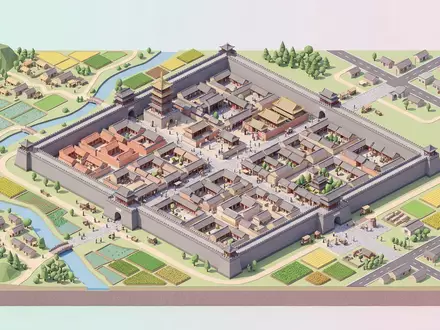 Isometrisches Diorama von Altstadt Pingyao und Umgebung in Pingyao China, verspielte Low-Poly-Kulisse in Pastellfarben - Foto: THN