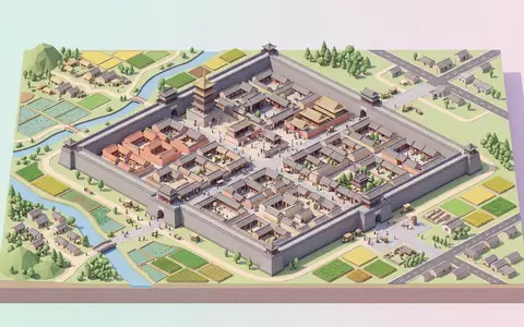 Isometrisches Diorama von Altstadt Pingyao und Umgebung in Pingyao China, verspielte Low-Poly-Kulisse in Pastellfarben - Foto: THN