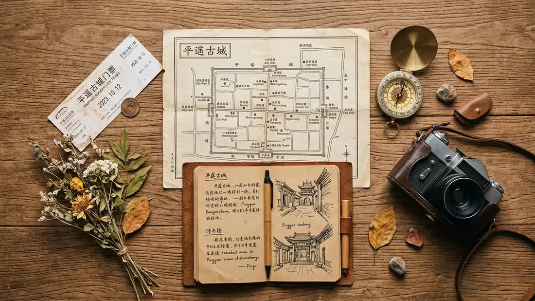 Flatlay-Reise-Arrangement rund um Altstadt Pingyao in Pingyao, China