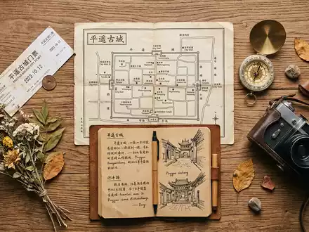 Flatlay-Reise-Arrangement rund um Altstadt Pingyao in Pingyao China, Karte Kompass Kamera und generische Reiserequisiten - Foto: THN