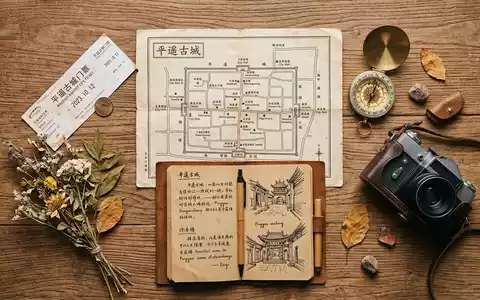 Flatlay-Reise-Arrangement rund um Altstadt Pingyao in Pingyao China, Karte Kompass Kamera und generische Reiserequisiten - Foto: THN