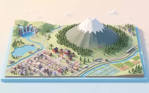 Isometrisches Diorama von Berg Fuji und Umgebung in Fujinomiya Japan, verspielte Low-Poly-Kulisse in Pastellfarben - Foto: THN
