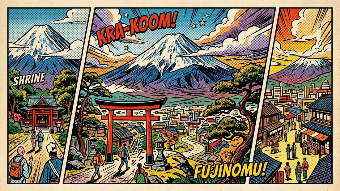 Pop-Art-Comic von Berg Fuji in Fujinomiya, Japan mit Rasterpunkten
