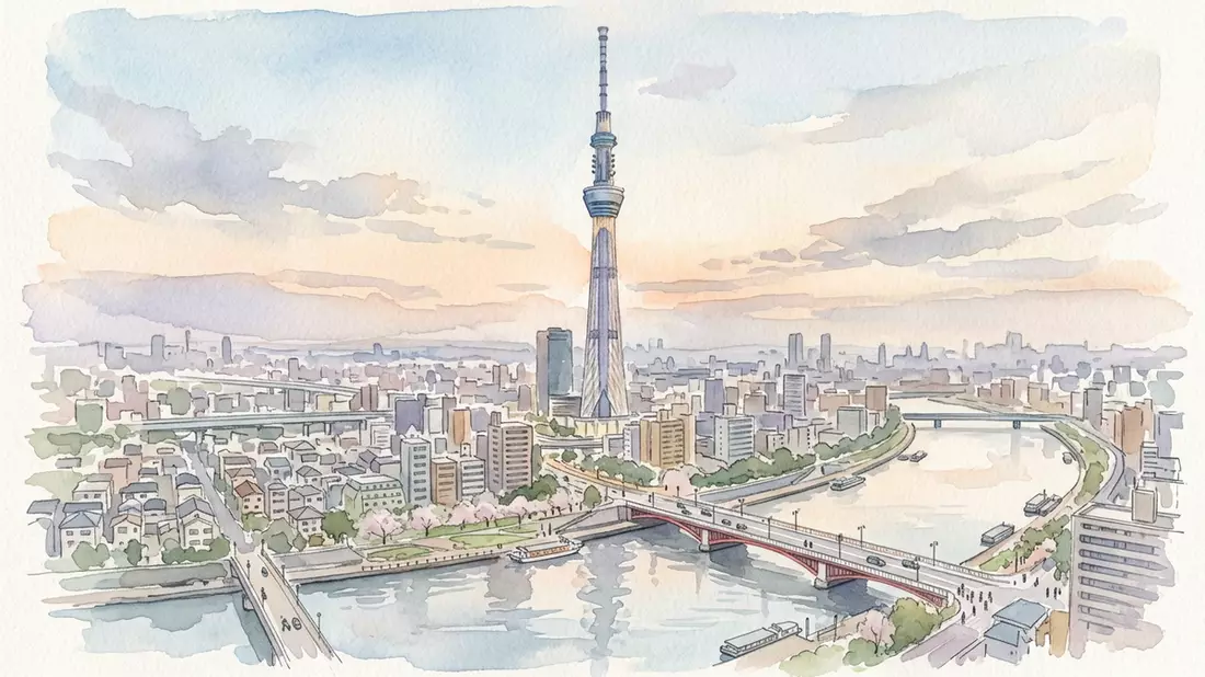 Aquarell-Illustration von Tokyo Skytree in Tokio, Japan als Reiseposter