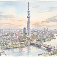 Aquarellillustration des Wahrzeichens Tokyo Skytree in Tokio Japan, weiche Farbverläufe und pastelliges Reiseposter-Feeling - Foto: THN