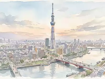 Aquarellillustration des Wahrzeichens Tokyo Skytree in Tokio Japan, weiche Farbverläufe und pastelliges Reiseposter-Feeling - Foto: THN