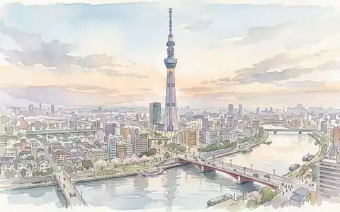 Aquarellillustration des Wahrzeichens Tokyo Skytree in Tokio Japan, weiche FarbverlÀufe und pastelliges Reiseposter-Feeling - Foto: THN