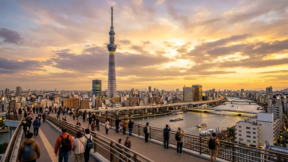 Fotorealistische Ansicht von Tokyo Skytree in Tokio, Japan im Abendlicht